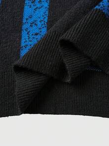 ROMWE MEN Prep Men's Embroidered Contrast Striped Pattern Pullover Sweater - Navy Blue - View 5