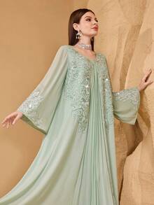 SHEIN Najma 优雅珍珠刺绣拼接前褶裥女士长袖连衣裙