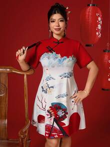 Elenzga Plus Size Women Floral Print Button Design Short Sleeve Chinese Style New Year Party Dress Oriental Dress Cheongsam Dress Chinese Dress Chinese Dress Women Qipao Dress Button Qipao Style Dress ตรุษจีน ชุดตรุษจีน Chinese Newyear Outfit - Multicolor - View 4