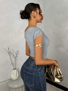 SHEIN BAE Women's Solid Color Ruched Asymmetric Shoulder Summer Top - Light Grey - View 2