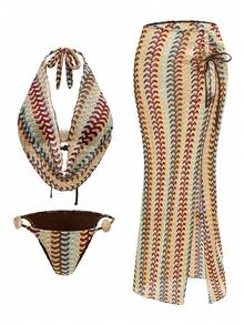 Swim Oasis Summer Beach Vacation Women Halter Neck Special Fabric Top With Side Tie Pants, Side Tie Swimsuit And Skirt