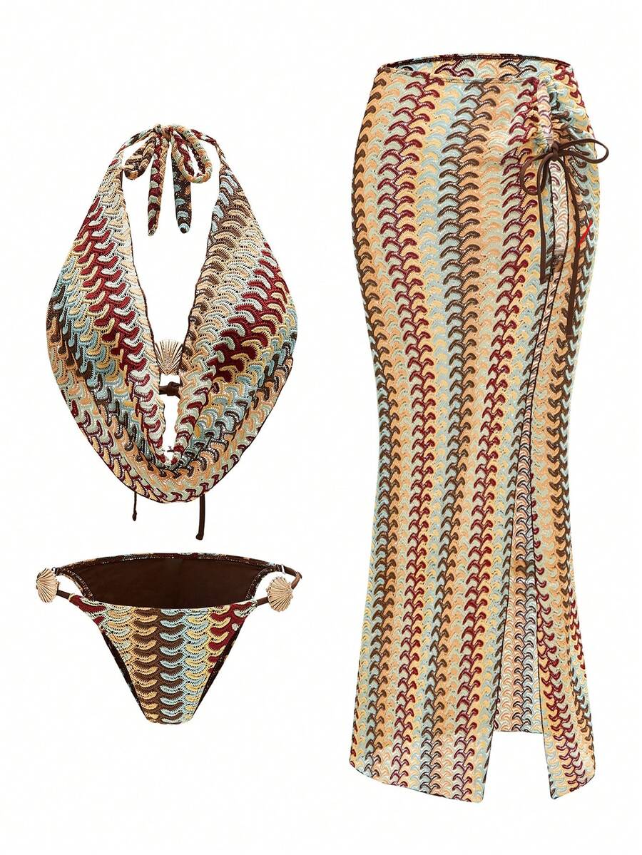 Sweetra Top à encolure ras-du-cou en tissu spécial avec pantalon à nouer sur le côté, maillot de bain et jupe à nouer sur le côté pour les vacances d'été à la plage pour femmes - Multicolore - Voir 1