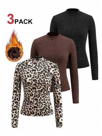 Ellevyn 3pcs Women Elegant Faux Cashmere T-Shirt Set, Suitable For Daily Layering And Versatile Occasions Leopard Print Tops Cheetah Print Tops Women Long Sleeve Tops Tight Tops Fall Tops Women,Graphic Tees Leopard Print Long Sleeve Tops