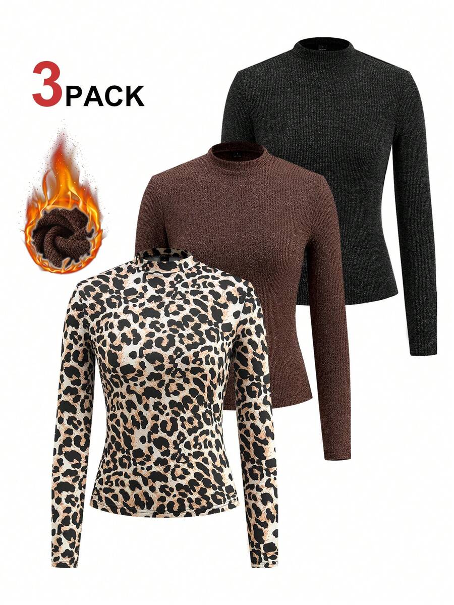 Ellevyn 3pcs Women Elegant Faux Cashmere T-Shirt Set, Suitable For Daily Layering And Versatile Occasions Leopard Print Tops Cheetah Print Tops Women Long Sleeve Tops Tight Tops Fall Tops Women,Graphic Tees Leopard Print Long Sleeve Tops - Multicolor - View 1