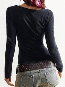 Bohemela BOHO Solid Color Knit One-Shoulder Long Sleeve T-Shirt For Women, Suitable For Valentine's Day, Music Festival, Vacation, Casual - Black - View 9