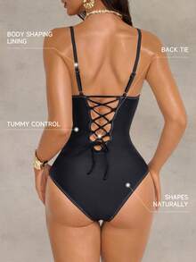 Shapewave Traje de baño de una pieza para mujer con control de abdomen, diseño de patchwork negro con cordón en la espalda para dar forma a la cintura - Negro - Ver 2