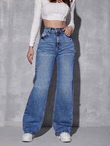 SHEIN Essnce 宽松版型破洞直筒牛仔裤 - 中等水洗藍 - 查看 3