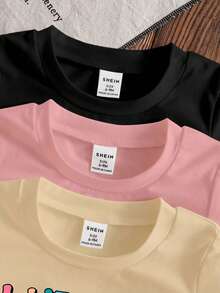 3件套女婴男女通用短袖针织圆领T恤，休闲可爱图案，黑色/米色/粉色，6个月-3岁，适合春夏穿着 - 彩色 - 查看 3