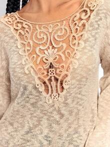 ROMWE Avant Women's Vacation Hippie Sheer Contrast Lace Knit Sweater - Khaki - View 2