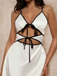 Glamine 女士黑白拼接吊带连衣裙，缎面A字连衣裙，浪漫约会连衣裙 - 白色 - 查看 4