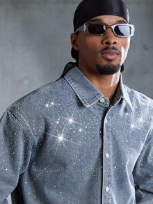 ROMWE MEN Street Life Men's Rhinestone Embellished Long Sleeve Denim Shirt - Blue - View 2