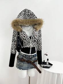 Elamini Chaqueta con capucha de mujer con estampado de leopardo, parches de terciopelo y contraste de color en el cuello de piel - Multicolor - Ver 1