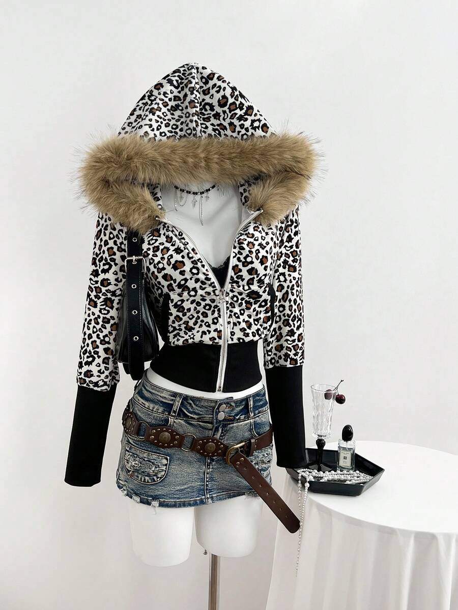 Elamini Chaqueta con capucha de mujer con estampado de leopardo, parches de terciopelo y contraste de color en el cuello de piel - Multicolor - Ver 1