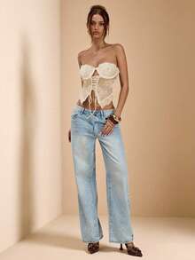 SHEIN BAE 女士蕾丝拼接系带不对称下摆时尚百搭派对假日抹胸上衣 - 杏色 - 查看 6