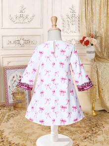 1pc Infant Girls' Pink Bow Print Loose Ramadan Robe, Printed Collar Robe - Pink - View 2