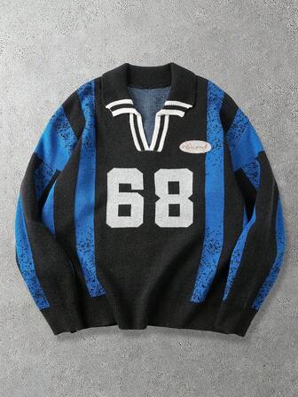 Prep Maglione girocollo da uomo con motivo a righe e ricamo a contrasto