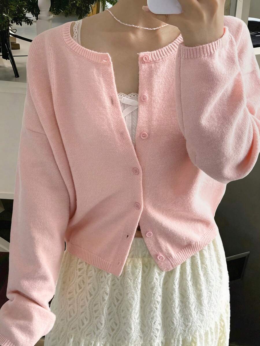 DAZY Women's Fitted Waist Long Sleeve Casual Crew Neck Cardigan Sweater, Pink Spring - Pink - View 1
