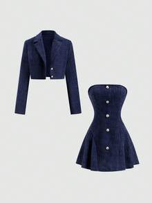 Sweetra 法国系列秋冬新款两件套，时尚俏皮的公主风派对连衣裙，收腰显瘦设计，百搭优雅的正式礼服 - 藍色 - 查看 1