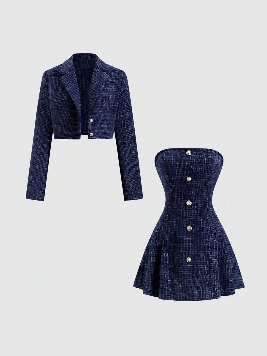 Sweetra 法国系列秋冬新款两件套，时尚俏皮的公主风派对连衣裙，收腰显瘦设计，百搭优雅的正式礼服 - 藍色 - 查看 1