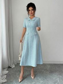 Elenzga 女士蓝绿色纹理面料立领收腰A字中长连衣裙，饰有金属仿珍珠纽扣，设计优雅独特，是高品质的生日礼物，适合约会、派对、正式场合等场合。 - 藍色 - 查看 5