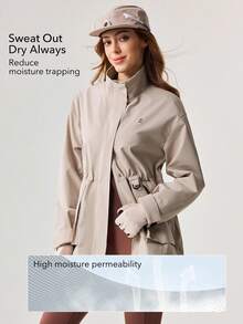 Women Outdoor Jacket Solid Color Hiking Camping Drawstring Waist Hooded Outdoor Top Spring - Khaki - View 4