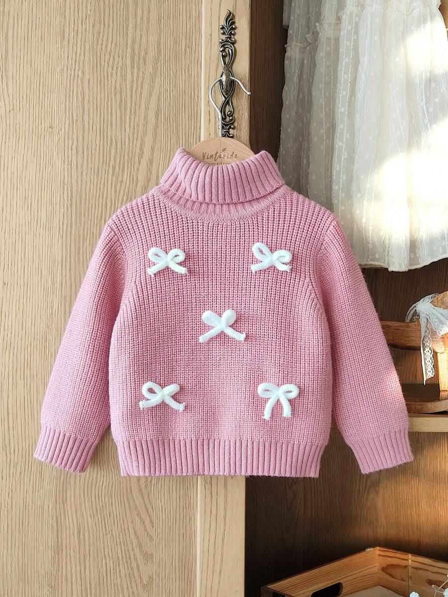 Playful Pals 女婴高领长袖简约时尚休闲毛衣，适合寒冷天气户外玩耍和日常穿着，秋冬季 - 粉色 - 查看 1