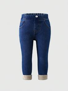 SHEIN 2 件装女婴休闲水洗紧身百搭牛仔裤，卷边下摆，柔软拉绒面料设计，秋冬舒适，简约时尚 - 彩色 - 查看 4