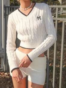 Sydney Algeri Women's Fashion Embroidered Butterfly V-Neck Cable Knit Short Pullover Sweater, Autumn/Winter Knit Pullover Fall Outfit - Beige - View 4