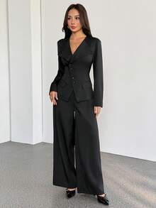 SHEIN PETITE 女士优雅通勤日常百搭街头时尚新款不对称翻领纽扣腰长袖西装外套搭配高腰长裤卡其灰色两件套套装，春夏皆宜，适合春夏季节穿着。 - 黑色 - 查看 7