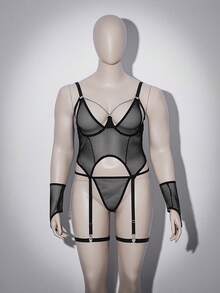 SHEIN Conjunto de 6 piezas de lencería sexy de talla grande con rejilla clásica, parte delantera calada y sujetador con aros - Negro - Ver 6