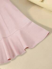 SHEIN Franclia 女士纯色蝴蝶结装饰短袖连衣裙 - 淺粉色 - 查看 4