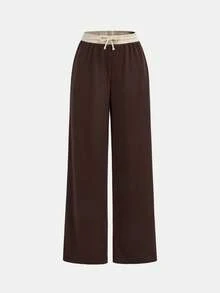 SHEIN Girlism 少女春夏时尚罗纹棕白撞色休闲修身基础款T恤搭配撞色腰带宽松口袋裤套装，休闲运动街头风。适合大学运动、返校、足球、户外等场合，舒适百搭。 - 棕色 - 查看 10