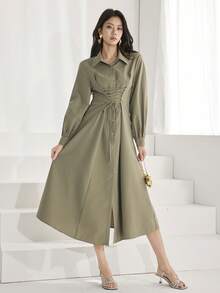 Heiryn Damen einfarbiges langärmliges Midi-Kleid mit Bindedetail, modisch und vielseitig - Olivgrün - Übersicht 5