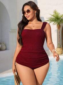 Swim Vcay Plus Size Women's Solid Color High Elasticity Ribbed Fabric Fitted One-Piece Swimsuit With High Neckline - Burgundy - View 6