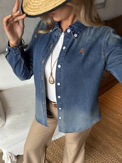 EMERY ROSE Mature Denim חולצת ג'ינס קז'ואל עם רקמת אבירים וחזה אחד לנשים