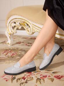 CUCCOO TILAWA Women's Fashion Commuter Rhinestone Silver Loafer Flats For Christmas - Silver - View 2