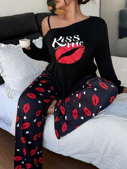 Dream Adore Lip Print Oblique Shoulder Long Sleeve Chic Autumn Pajama Set, Valentine's Day Sexy Pajama Set Bachelorette Pjs