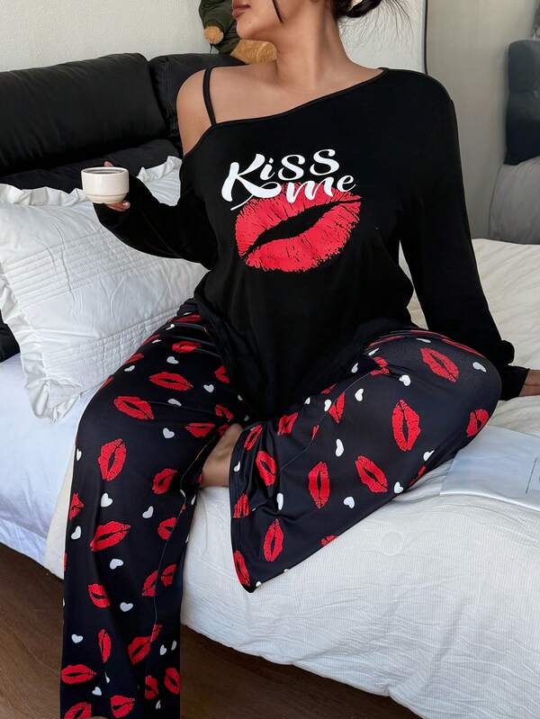 Dream Adore Lip Print Oblique Shoulder Long Sleeve Chic Autumn Pajama Set, Valentine's Day Sexy Pajama Set Bachelorette Pjs