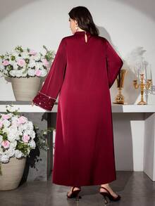 Al Najma Elegant Stand Collar Lace Patchwork Flare Sleeve Dress, Burgundy Kaftan Jalabiya Dress - Burgundy - View 2
