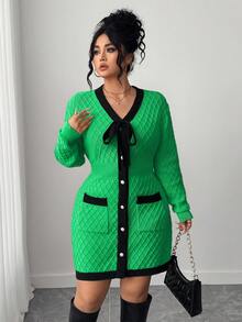 Elenzga Gaun Sweater Rajut Warna-warni Elegan untuk Wanita Ukuran Plus, Model Ikat Depan, Musim Gugur/Dingin - Hijau - View 3