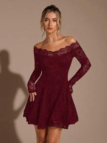 SHEIN BAE 黑色蕾丝露肩修身迷你连衣裙，优雅性感女士长袖蕾丝连衣裙，黑色蕾丝连衣裙，优雅小黑裙 - 酒紅色 - 查看 6