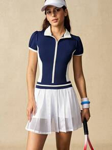 VARSIVA Đầm thể thao tay ngắn xếp ly cổ khóa kéo phối màu cho nữ kèm quần short - Nhiều màu - Xem 5