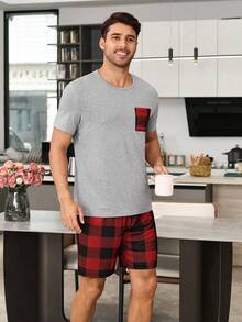 SHEIN Plaid Print Men's 2-Piece Pajama Set - Light Grey - View 4