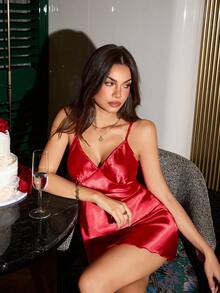 SilkySpell Heart Lace Trim Faux Silk Sexy Nightgown Red Lingerie Dress Sexy Night Dress Red Night Gown Babydoll Women Sexy Lingerie Dresses Red Dress - Red - View 5