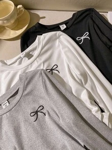 3 件套青春期前女童长袖圆领修身 T 恤，带蝴蝶结装饰，秋季休闲日常上衣 - 黑與白 - 查看 3