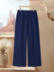 Rusticease Conjunto de 2 piezas de talla grande para mujer con estampado geométrico, cuello redondo, manga larga y bajo asimétrico, top y pantalones, conjunto casual de invierno - Azul Marino - Ver 2