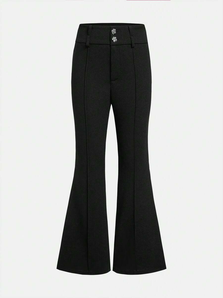 SHEIN Girlism Tween Girl High Waisted Sweet Solid Color Flared Pants With Cute Metal Button Details - Black - View 1