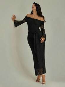 Modelyn 女士露肩长袖褶皱侧系带蕾丝优雅连衣裙 - 黑色 - 查看 7