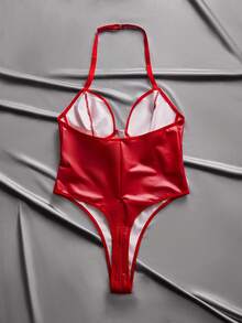 EmpressEnvy Plus Size Sexy Y2K Red Zipper Crotch Criss-Cross PU Patchwork Bodysuit, Suitable For Party, Vacation, Music Festival, Club - Red - View 2
