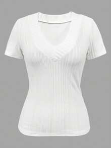 INAWLY Women's V-Neck Asymmetrical Ribbed Casual Short Sleeve T-Shirt - White - View 4
